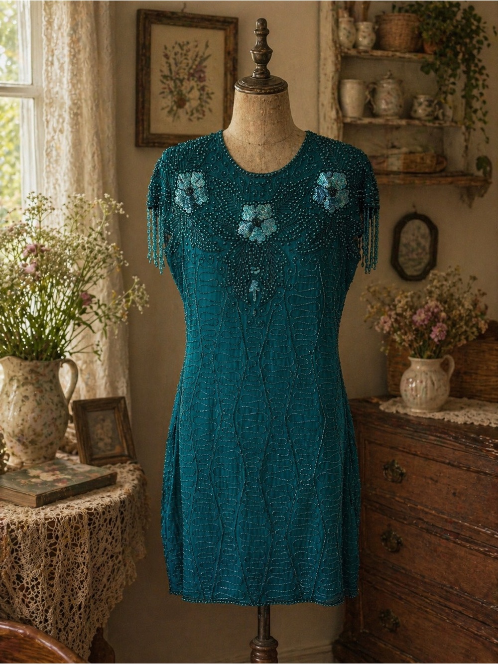 Vintage 1960s Lori Ann Montreal, Teal Beaded Silk Mini Bodycon Dress